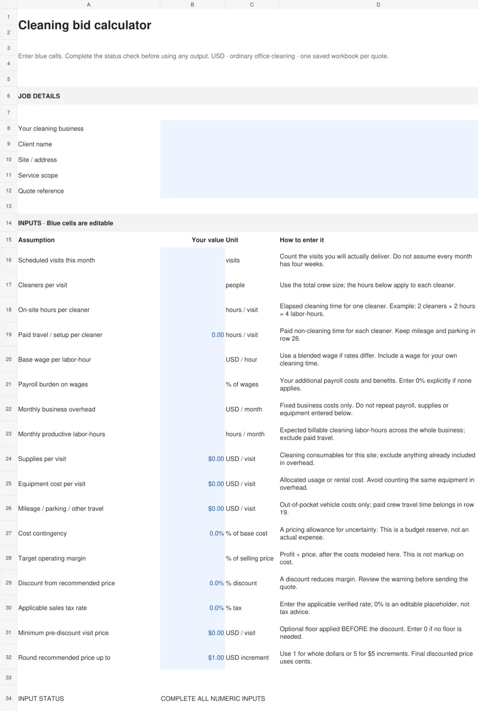 Cleaning Bid Calculator input sheet with blue editable cells for labor, overhead, expenses, margin and tax assumptions
