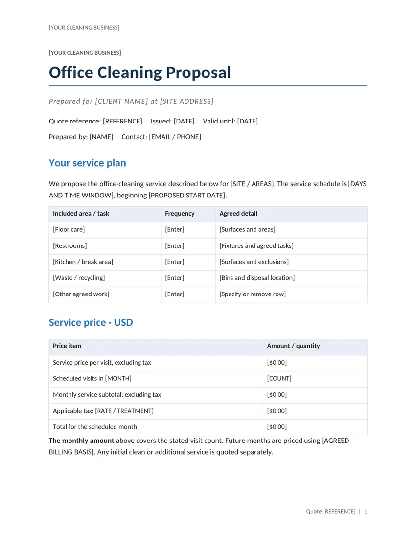 First page of the editable office cleaning proposal template with service plan and pricing tables