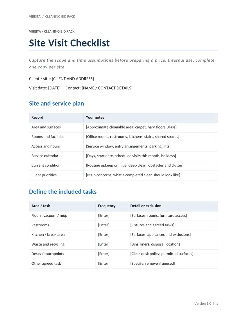 First page of the editable office cleaning site visit checklist included in the pack